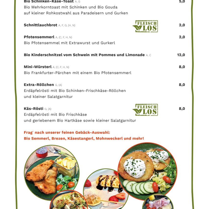 Das Menü umfasst einen Bio-Schinken-Käse-Toast, ein Schnitzelbrett, einen Protein-Sampler, ein Schweinekotelett mit Apfelmus und Limonade, Mini-Würstchen, Extra-Röllchen, Käse-Röllchen und ein Käsebrett. Alle Artikel sind Bio und aus Bauernhofprodukten hergestellt.