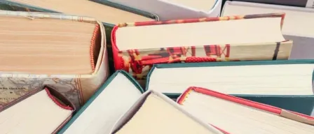 Eine Sammlung von Büchern in verschiedenen Farben und Stilen ist gestapelt. Sie haben unterschiedliche Einbände, einige mit sichtbarem Text. Die Bücher sind ordentlich geordnet.