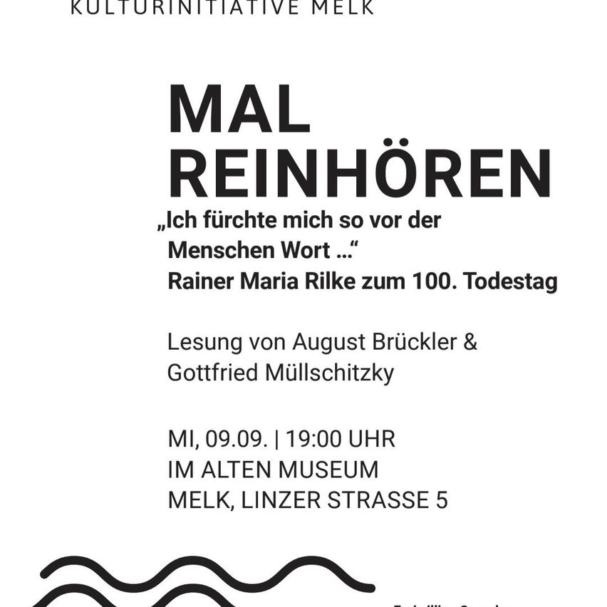 Poster for a cultural event in Melk, Austria, featuring a reading of Rainer Maria Rilke's work on his 100th death anniversary. The event is scheduled for September 9 at 19:00 in the Old Museum.