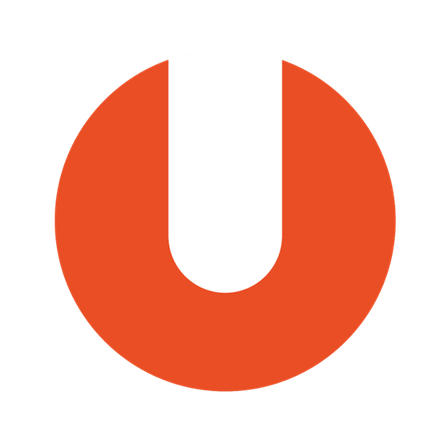 Ein weißer Buchstabe U befindet sich auf einem hellroten Kreis. Der Buchstabe U hat einen weißen Umriss.