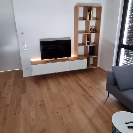 Interior Design, Floor, Wood, Hardwood, Flooring, Stained Wood, Living Room, Screen, Monitor, TV