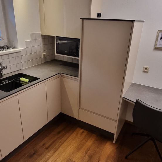 Floor, Indoors, Interior Design, Flooring, Wood, Hardwood, Chair, Furniture, Kitchen, Microwave