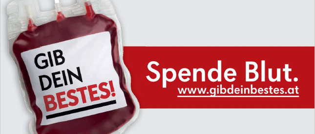 Plakat für Blutspende-Veranstaltung. Es steht: 'Gib dein Bestes! Spende Blut. www.gibdeinbestes.at. Montag, 27. Oktober 2025, von 16:00 bis 20:00 Uhr an der Volksschule Grafenstein.'