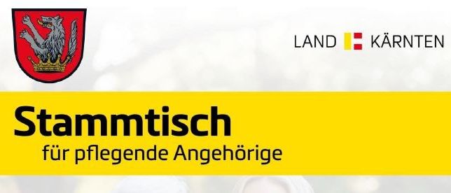 Das Bild zeigt ein rotes und goldenes Emblem mit einem Wolf auf einer Krone, gefolgt von dem Text 'Stammtisch für pflegende Angehörige'. Unten sind die Wörter 'LAND' und 'KÄRNTEN' mit ihren jeweiligen Logos abgebildet.