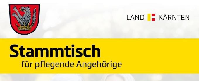 Ein gelbes Banner mit einem roten und weißen Wappen, das einen Wolf zeigt, über den Worten 'Stammtisch' und 'für pflegende Angehörige', mit den Logos von 'LAND' und 'KARNTEN'.