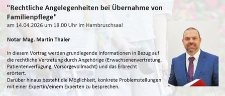 Ein Bild zeigt einen Mann, der bei einer Veranstaltung spricht, mit Text über rechtliche Angelegenheiten im Zusammenhang mit Altenpflege und Vertretung durch Angehörige.