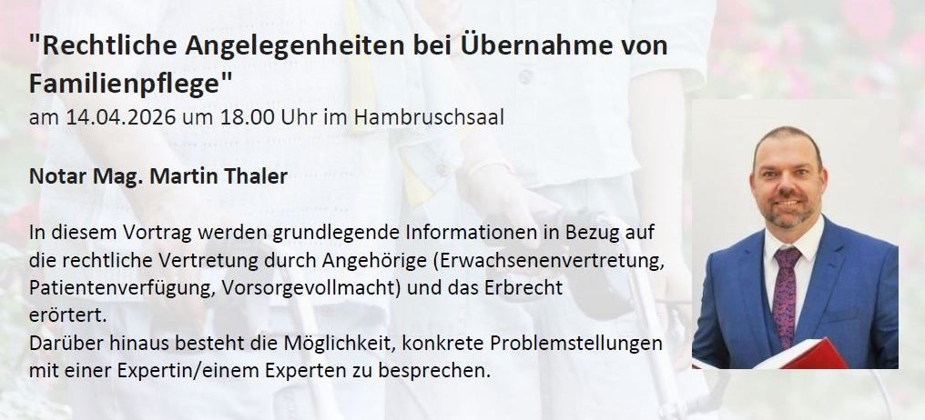 Ein Bild zeigt einen Mann, der bei einer Veranstaltung spricht, mit Text über rechtliche Angelegenheiten im Zusammenhang mit Altenpflege und Vertretung durch Angehörige.