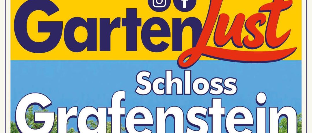 Eine Werbung für Schloss Grafenstein mit den Daten 24.-26. Juli. Das Gebäude hat eine gelbe Außenseite, viele Fenster und einen markanten Eingang.