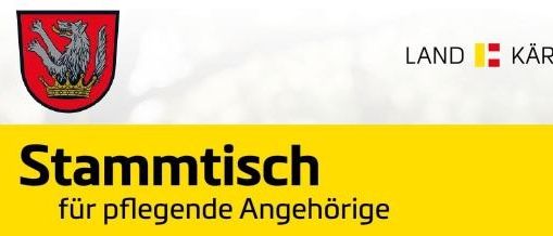 Das Bild zeigt ein gelbes und weißes Banner mit einem Logo. Das Logo zeigt einen roten Schild mit einem Wolf und einer Krone, und der Text 'LAND KARNTEN' steht rechts davon. Unter dem Logo befindet sich ein fetter Text 'Stammtisch' und 'fur pflegende Angehorige'.