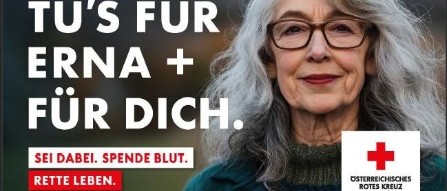 Plakat für eine Blutspende-Veranstaltung mit einer älteren Frau mit Brille und rotem Kreuz-Logo. Der Text lautet 'TU's für Erna + für Dich.' Die Veranstaltung ist für den 21. Oktober 2026 von 15:30 bis 20:00 Uhr in der Volksschule Grafenstein geplant.