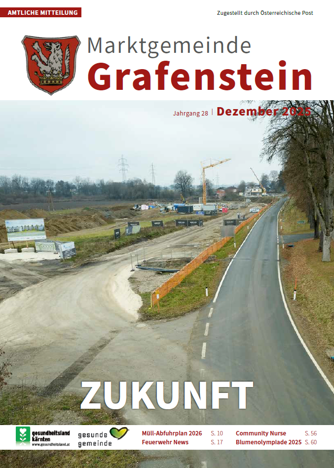Ein Baugebiet in Grafenstein mit einer Straße, großem Schild und Kränen unter einem grauen Himmel. Das Wort 'ZUKUNFT' ist prominent zu sehen.