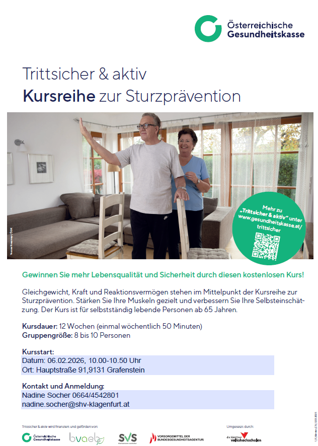 Eine Anzeige für einen kostenlosen Sturzpräventionskurs zeigt ein älteres Paar. Kursdetails: 12 Wochen, einmal pro Woche, 50 Minuten, für Personen ab 65 Jahren. Startdatum: 06.02.2026, 10:00-10:50 Uhr, Ort: Hauptstraße 91,9131 Grafenstein. Kontakt und Anmeldung: Nadine Socher, Tel: 0664/4542801, E-Mail: nadine.socher@shv-klagenfurt.at.
