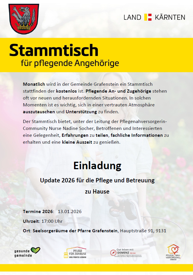 Monatlich findet in der Gemeinde Grafenstein ein Stammtisch für pflegende Angehörige statt, der kostenlos ist. Betroffene und Interessierte sind eingeladen, Erfahrungen auszutauschen, Informationen zu erhalten und eine kleine Auszeit zu genießen. Termine: 2026, 13.01, Uhrzeit: 17:00, Ort: Seelsorgeraum der Pfarre Grafenstein, Hauptstraße 91, 9131.
