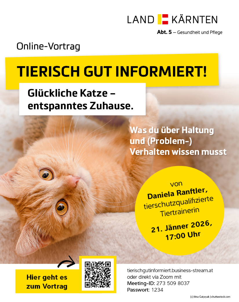 Plakat für einen Online-Vortrag über Tierpflege. Zeigt eine orangefarbene Katze, die entspannt auf einem Bett liegt. Der Text hebt die Referentin Daniela Ranftl und den Termin, den 21. Jänner 2026 um 17:00 Uhr, hervor. QR-Code für die Veranstaltungsanmeldung.