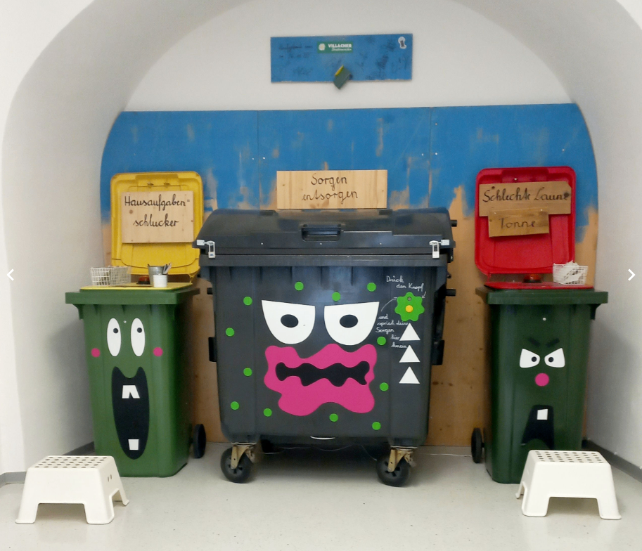 Vier Mülleimer stehen in einer Ecke. Einer ist schwarz mit einem Monstergesicht, ein anderer ist grün mit einem fröhlichen Gesicht. Aufkleber lauten 'Hausmüll', 'Recycling' und 'Müll'. Ein weißer Hocker ist in der Nähe.
