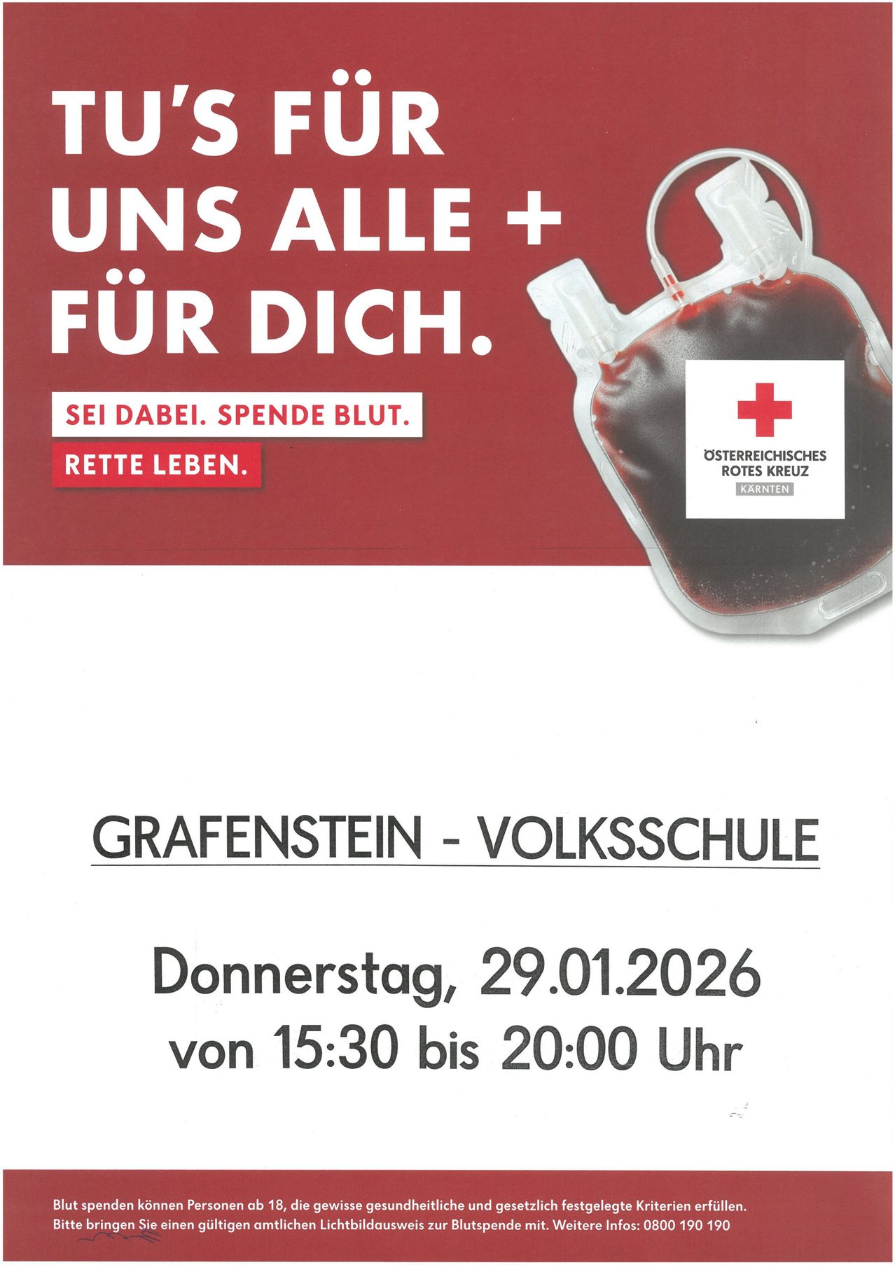 Plakat für Blutspende-Veranstaltung am 29.01.2026 von 15:30 bis 20:00 Uhr in der Volksschule Grafenstein. Rotes Kreuz Symbol und Blutbeutel Bild.