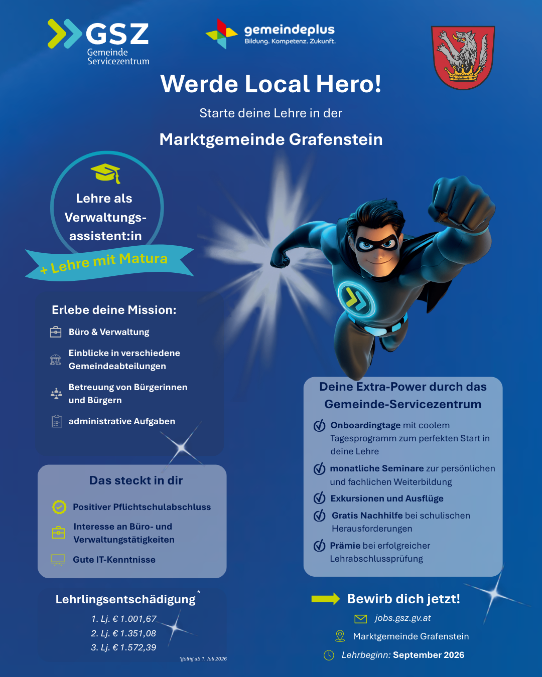 Eine Anzeige für ein Ausbildungsprogramm als Verwaltungsassistent in Grafenstein. Es zeigt einen Superhelden mit einem Zertifikat und hebt die Vorteile der Ausbildung hervor.