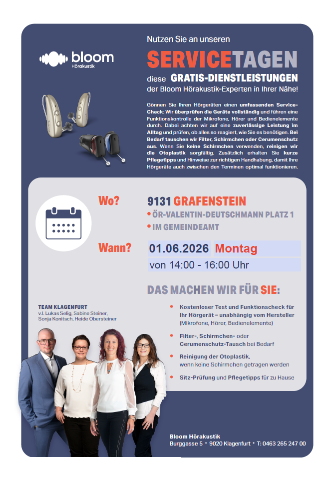 Kostenloser Servicetag für Hörgeräte am 1. Juni 2026 von 14:00 bis 16:00 Uhr. Beinhaltet Geräteüberprüfung, Filterreinigung, Ohrpassstückanpassung und Heimtipps. Veranstaltet von Bloom Hörakustik-Experten in Grafenstein.