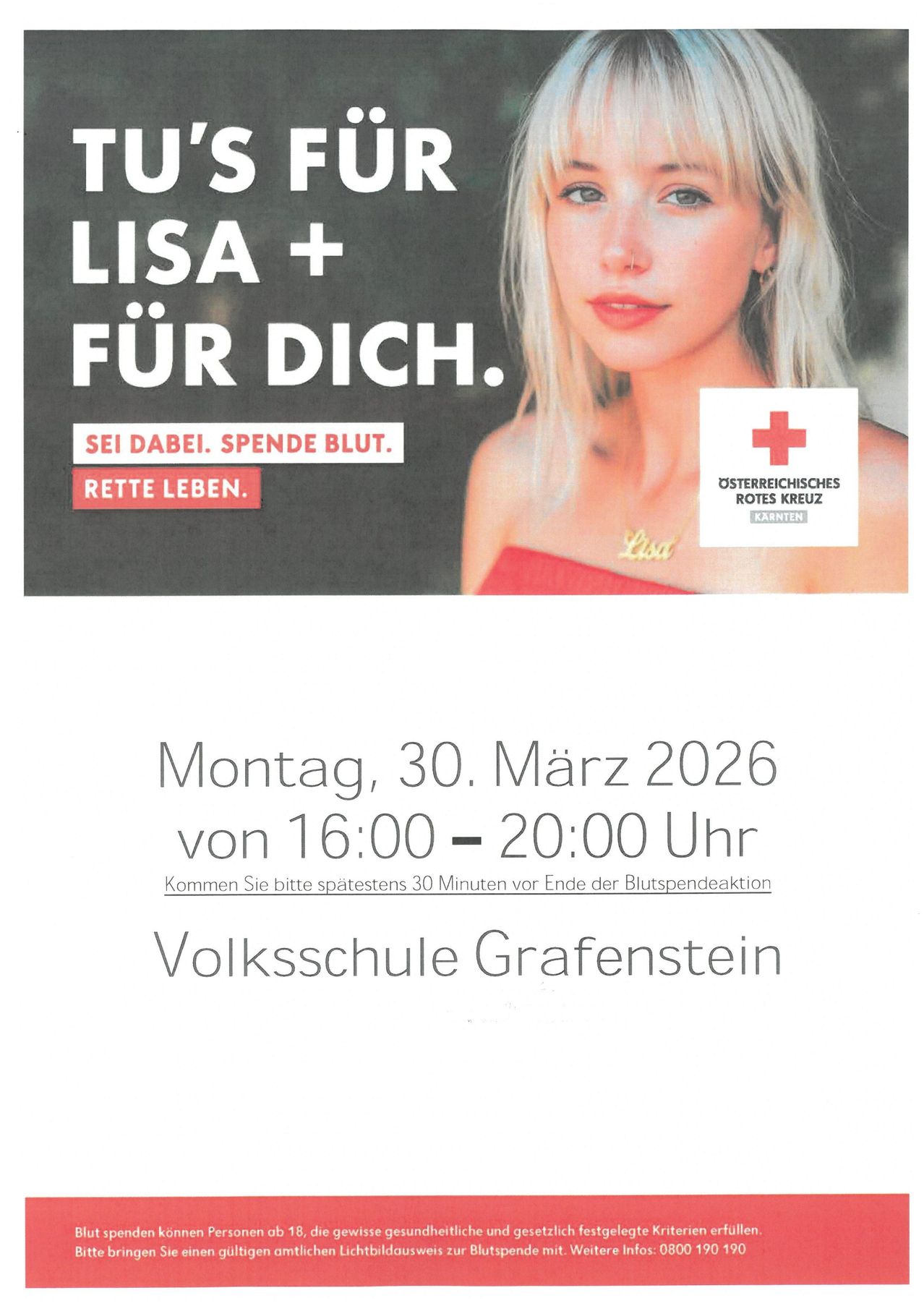 Plakat für Blutspende-Event. Frau mit blonden Haaren. Rotes Kreuz-Symbol. Veranstaltung am 30. März 2026, von 16:00 bis 20:00 Uhr in der Volksschule Grafenstein. Bitte 30 Minuten vor Schließung ankommen.