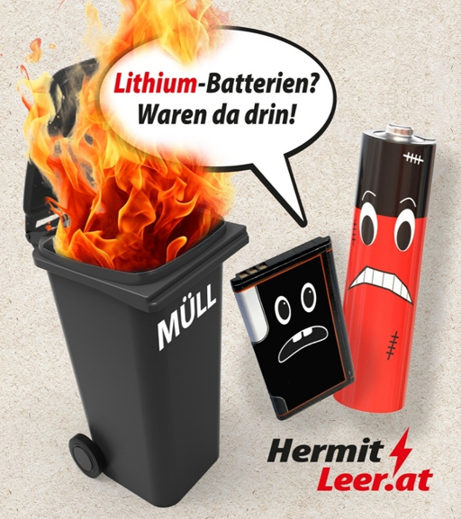 Ein Mülleimer in Flammen mit zwei Batterien daneben. Eine Batterie ist traurig, die andere wütend. Darüber steht 'Hermit Leer.at'.