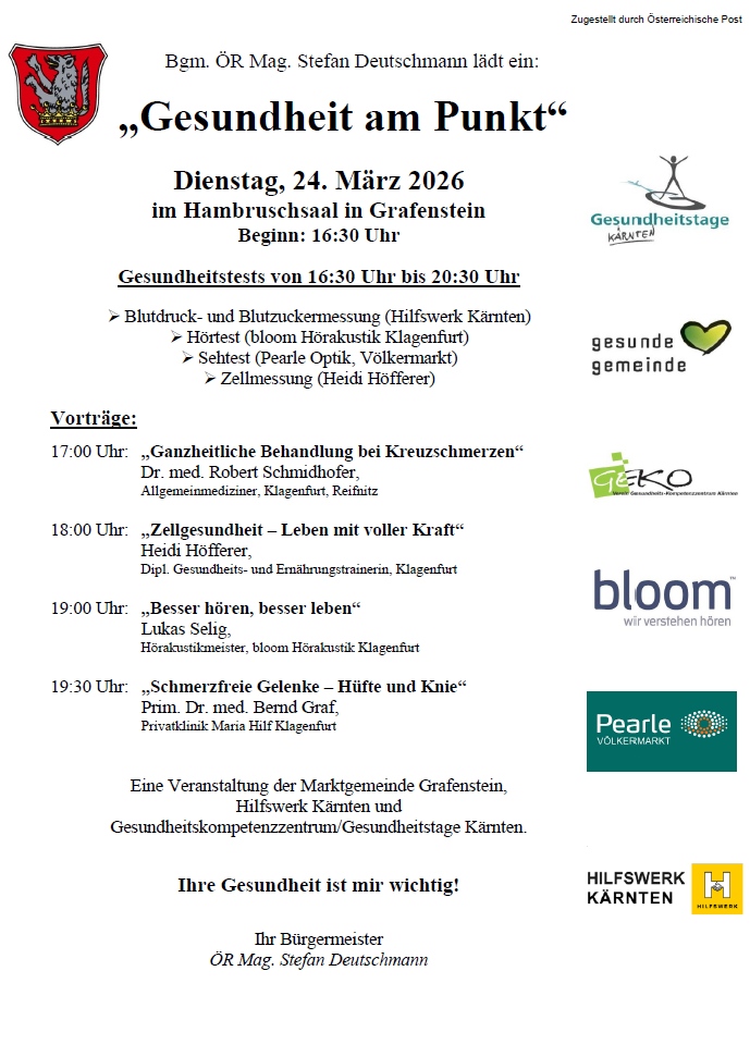 Gesundheitstests am 24. März 2026 im Hambruschsaal in Grafenstein, Beginn um 16:30 Uhr. Angeboten werden Blutdruck- und Blutzuckermessung, Hörtest, Sehtest und Zellmessung. Vorträge sind um 17:00 Uhr, 18:00 Uhr, 19:00 Uhr und 19:30 Uhr geplant.