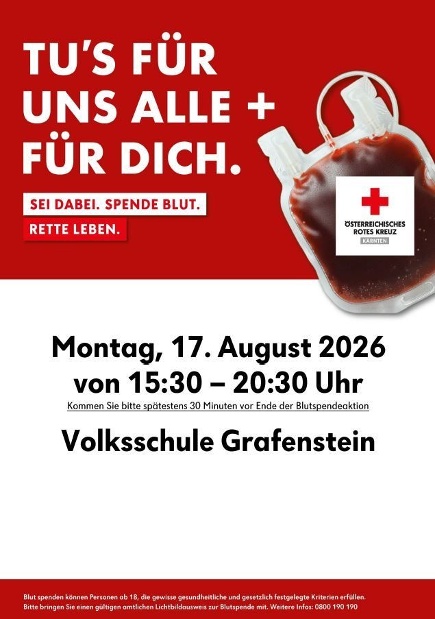 A poster for a blood donation event on August 17, 2026, from 15:30 to 20:30 at Volksschule Grafenstein. It features a blood bag with the Austrian Red Cross logo.