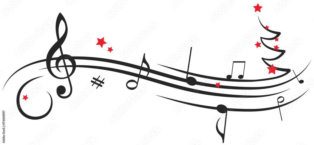 Eine schwarz-weiße Illustration von Musiknoten, die einen Weihnachtsbaum mit roten Sternen auf weißem Hintergrund bilden.
