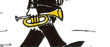 Eine Zeichnung eines Mannes in einem Anzug, der eine Trompete hält und mit seinem Finger zeigt.