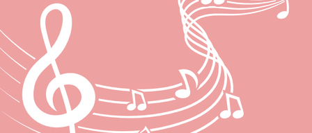 Ein rosa Hintergrund mit Musiknoten und einer Violinschlüssel, die in der Luft schwebt. Die Noten sind in einem fließenden Muster angeordnet.