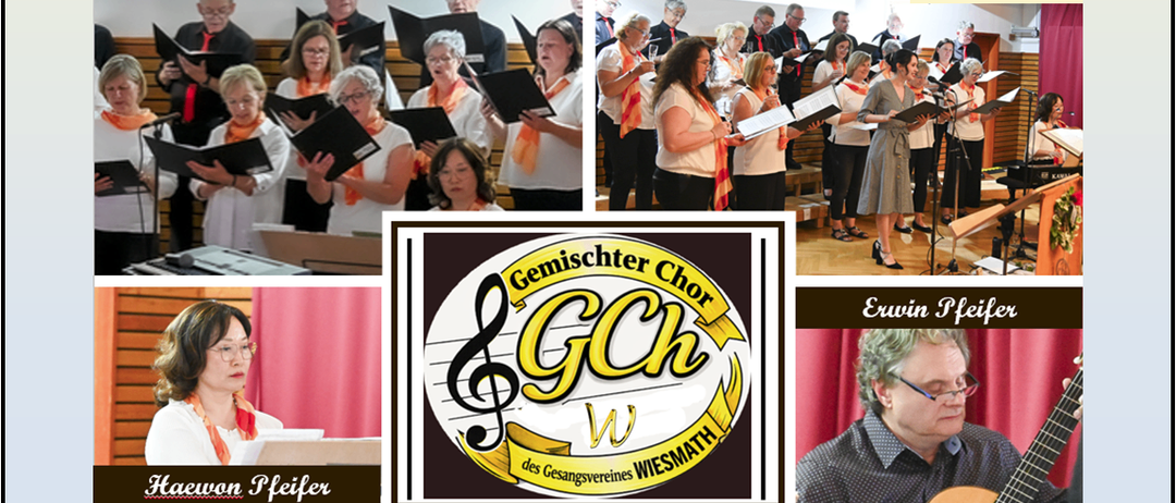 Werbeanzeige für ein gemischtes Chorevent im Moesner-Karner Cafe Restaurant. Zeigt Bilder von Chormitgliedern und Musikern. Geplant für einen Samstag, beinhaltet Aufführungen bekannter Lieder, Schlager, Austropop und Opernmelodien.