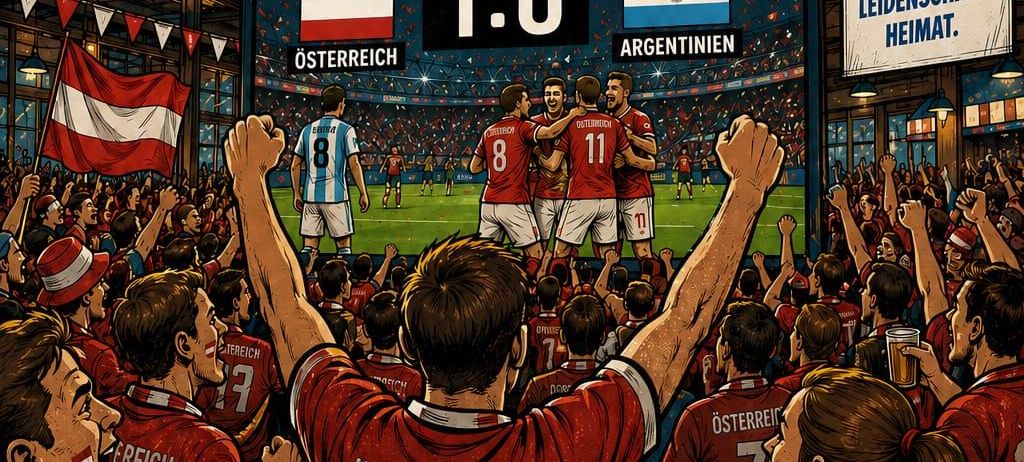 Fußballfans feiern in einem Stadion, als Österreich Argentinien mit 1:0 führt. Eine Anzeigetafel zeigt das Ergebnis, und Spieler sind in Trikots zu sehen. Fans tragen rote Trikots, einige mit Nummern.