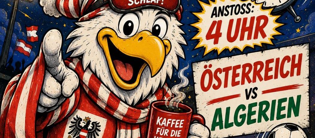 Eine Werbung für eine späte Fußball-Schauveranstaltung. Es zeigt einen Adler-Mascot mit Kaffee und Essen. Es enthält Zeiten, eine Countdown und ein Fußballspiel zwischen Österreich und Algerien.