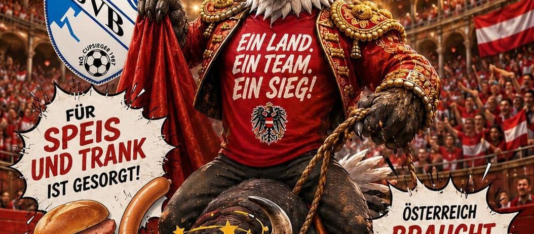Ein Adler trägt ein rotes Trikot mit Teammotto, das einen Stier reitet. Das Poster fordert alle auf, rot und weiß für Österreich zu tragen. Es zeigt ein Fußballteamlogo, einen Burger und eine Flagge.