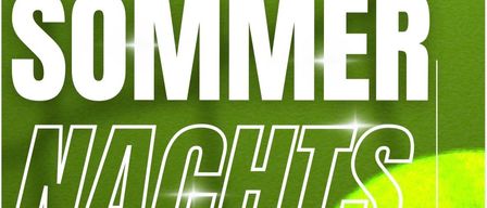 Poster for a summer night tennis tournament on August 7, 2026. Features a tennis ball, scheduled time of 17:00, and activities such as tennis, barbecue, sweets, bar, games, prizes, and DJ.