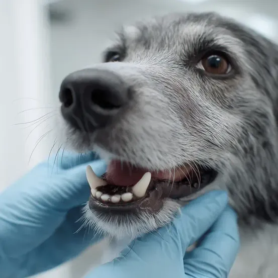 Ein Nahaufnahme des Mauls eines Hundes mit sichtbaren Zähnen, die Augen des Hundes sind offen, und jemand in blauen Handschuhen hält das Maul des Hundes geöffnet.