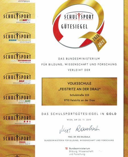 Der Schulsport Gutesiegel Award für 2020-2023 wird an die Volksschule Feistritz an der Drau verliehen. Die Preisverleihung fand am 20. November 2019 in Wien statt. Der Preis wurde von Mag. Dr. Iris Rauskala überreicht. Das Logo enthält mehrere Logos für verschiedene Regionen.