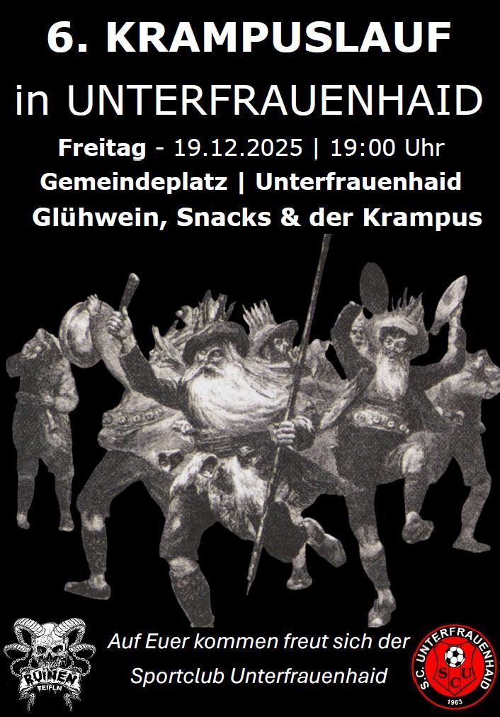 Ein Plakat bewirbt eine Veranstaltung in Unterfrauenhaid am 19. Dezember 2025 mit einem Bild von Krampus-Figuren, die Stöcke halten und Kronen tragen.