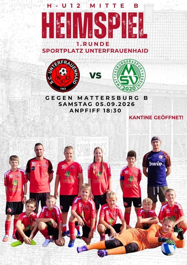 A soccer team photo with players in red and orange jerseys, one player lying down with a soccer ball, and logos for SC Unterfrauenhaidt and Mattersburg B.