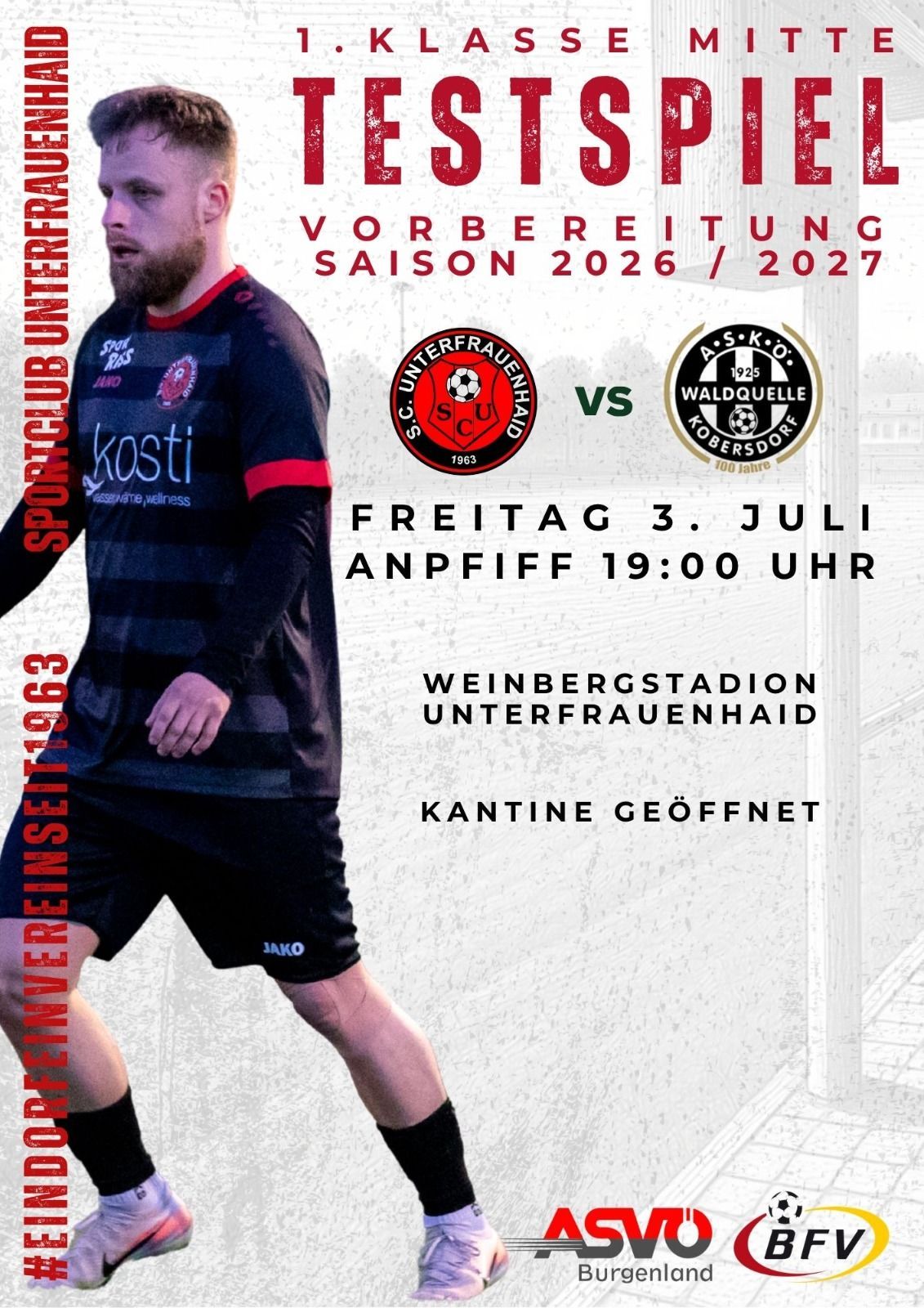 A soccer player in a black jersey with red trim. The image includes details about a football match on July 3rd.