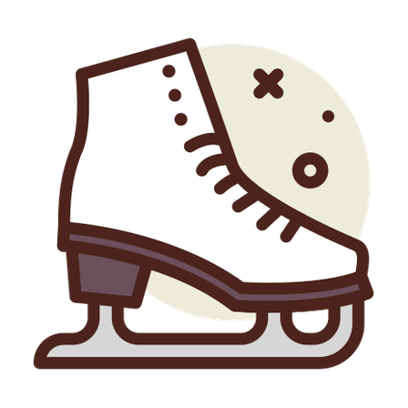 Ein Symbol eines weißen Eislaufschuhs mit braunen Details und einem Mond im Hintergrund. Der Mond hat ein Kreuz und zwei Punkte darauf.