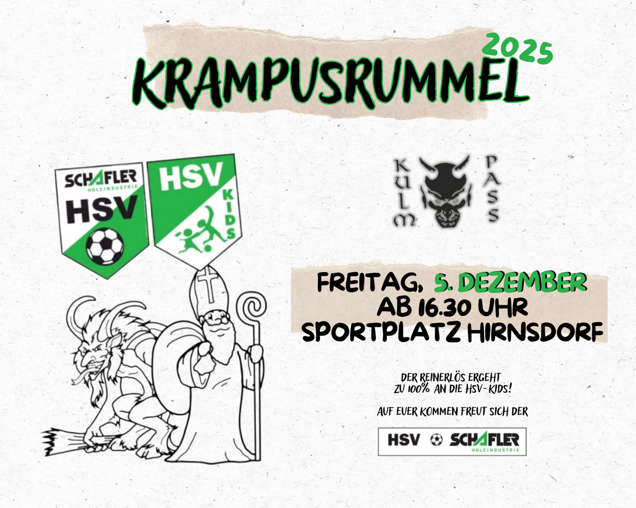 Plakat für Krampusrummel 2025 mit HSV Holzindustrie Logos, zeigt eine Illustration von Sankt Nikolaus mit Krampus, geplant für den 5. Dezember um 16:30 Uhr auf dem Sportplatz Hiersdorf.