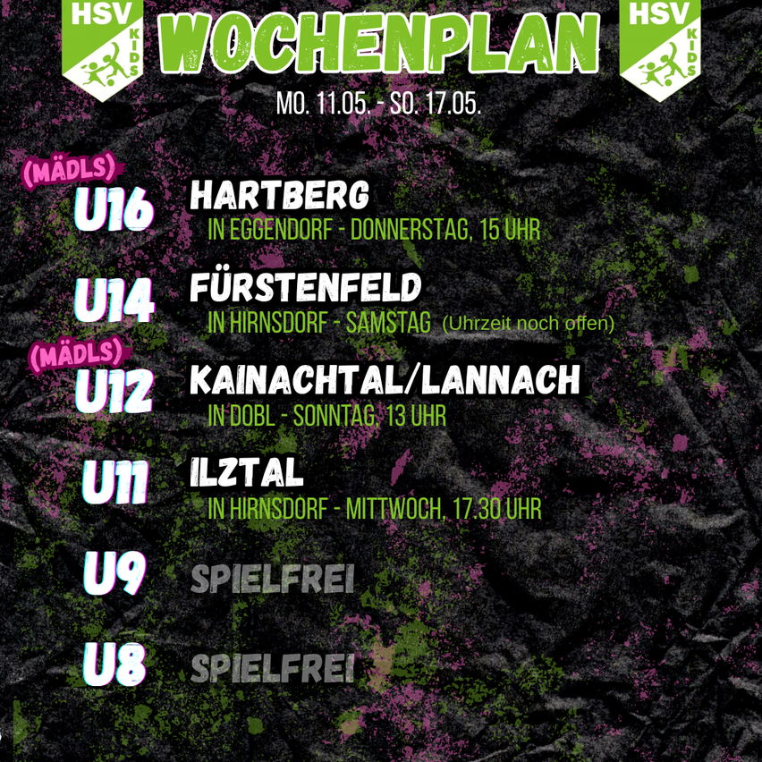 Weekly schedule for HSV Kids from May 11 to May 17. Includes matches for various age groups at different times and locations.