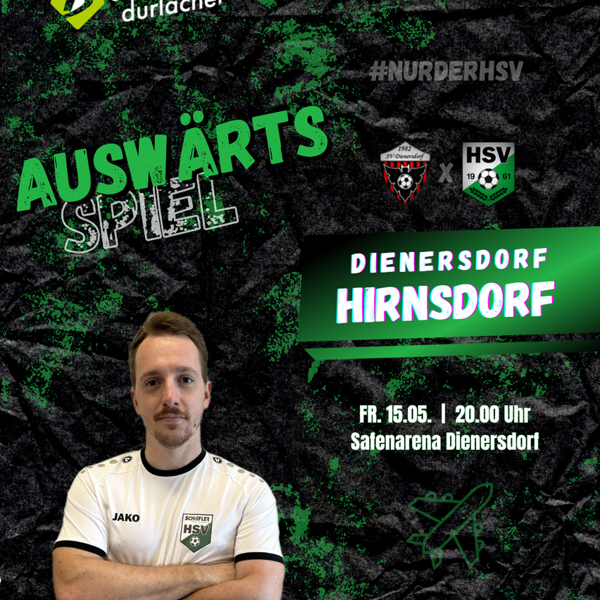 A soccer player poses in front of a poster with a green background and the logo of HSV. The poster features text about an upcoming game between two teams.