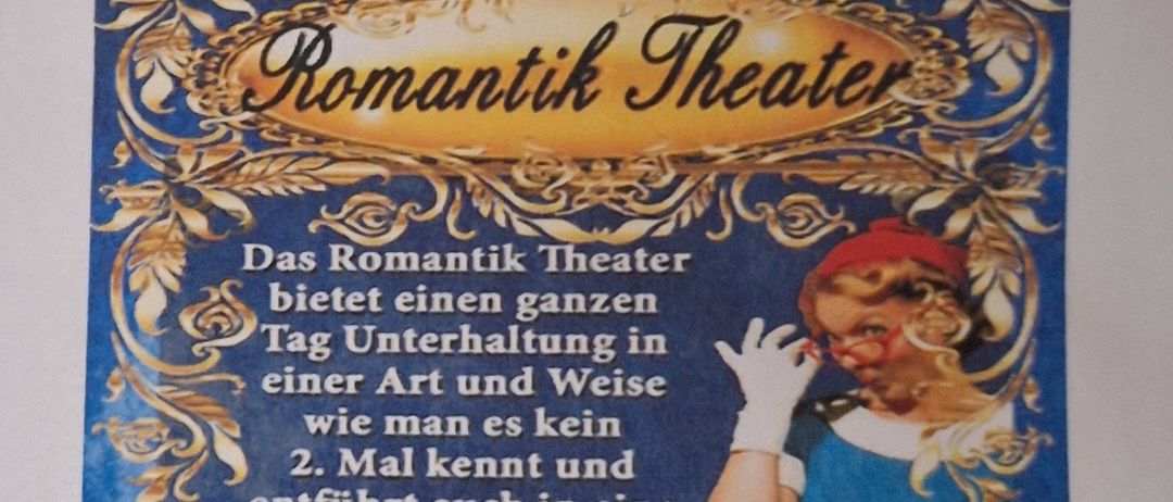 Romantik Theater-Plakat. Bietet ganztägige Unterhaltung mit internationalen Künstlern aus den Bereichen Musical und Komödie. Anmeldung bis 25.2.2026 bei Obmann. Kontakt: 0650 2375940. Kosten: 20 € für Mitglieder, 86 € Nichtmitglieder, 90 € für Nichtmitgliederpaare.