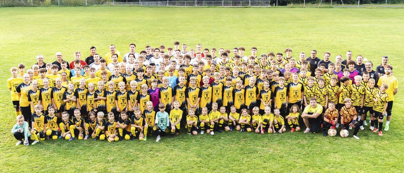 Eine Fußballmannschaft in gelben und schwarzen Trikots posiert für ein Gruppenfoto auf einem Feld mit Bäumen im Hintergrund.