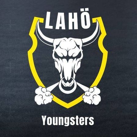 Ein Logo für die 'Laho Youngsters' zeigt einen Bullenkopf mit Hörnern, der seine Nase mit den Hufen hochhält. Das Logo ist in einem gelben Schild mit schwarzem Hintergrund eingeschlossen.