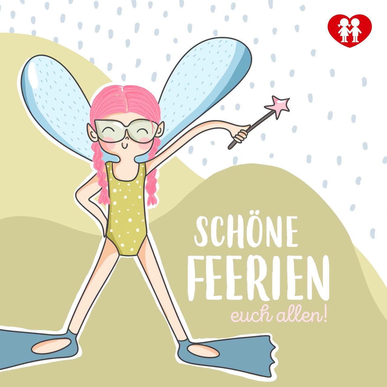 A cheerful fairy with pink hair and wings, holding a star wand, stands on a hill with a message in German, 'Schöne Ferien euch allen!'