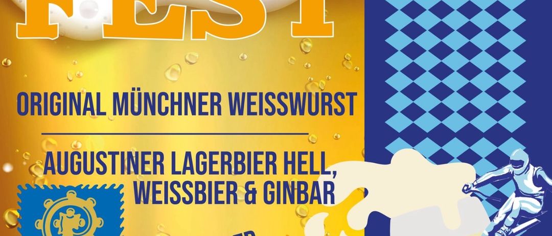 Das Plakat bewirbt das 4. Bier Fest mit original Münchner Weisswurst. Es zeigt ein Glas Bier, eine Brezel und einen Skifahrer auf einem Grill. Die Biersorten umfassen Augustiner Lagerbier Hell, Weissbier und Ginbar. Die Brauerei Augustiner wurde 1328 gegründet.