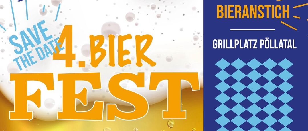 Plakat für das 4. Bier Fest. Beinhaltet Augustiner Lagerbier, Hell, Weissbier und Ginbar. Mit einem Skifahrer, Brezel und einem Glas Bier. Gegründet 1328.