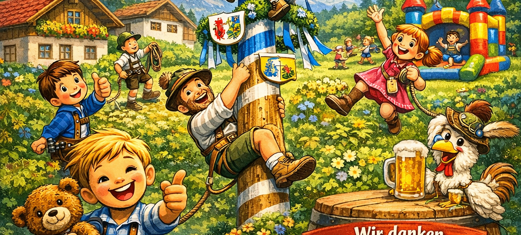 Plakat für eine Kinderveranstaltung am 03. Mai 2026. Zeigt Kinder beim Klettern an einem Pfahl, Luftballons und eine Henne, die Bier trinkt. Die Veranstaltung beinhaltet ein Sprungschloss und verschiedene Aktivitäten.